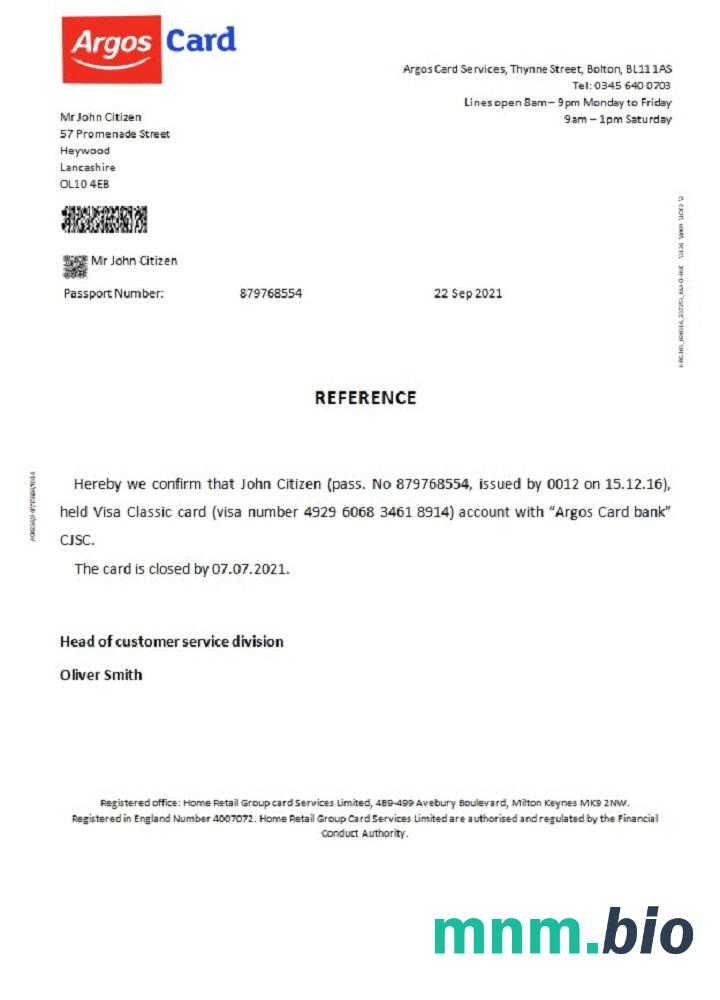 Przykład odniesienia do zamknięcia karty Argos w Wielkiej Brytanii w formatach Word i PDF